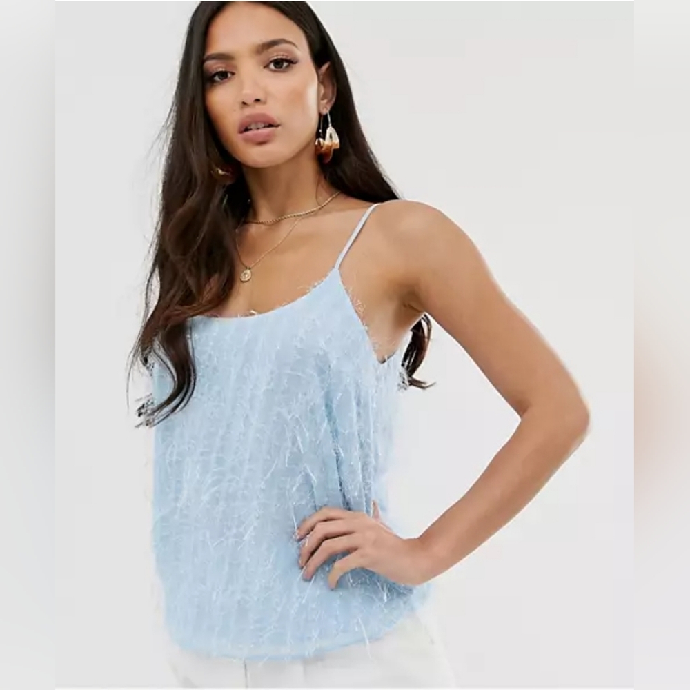 NWT Asos Tall Cami Tank Top Baby Blue with Soft Metallic Fringe - Size 18 Tall